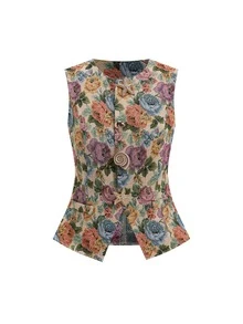 SHEIN Clasi Elegant Jacquard Star & Shell Asymmetrical Button Vest And Pants - Multicolor - View 13