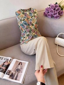 SHEIN Clasi Elegant Jacquard Star & Shell Asymmetrical Button Vest And Pants - Multicolor - View 2