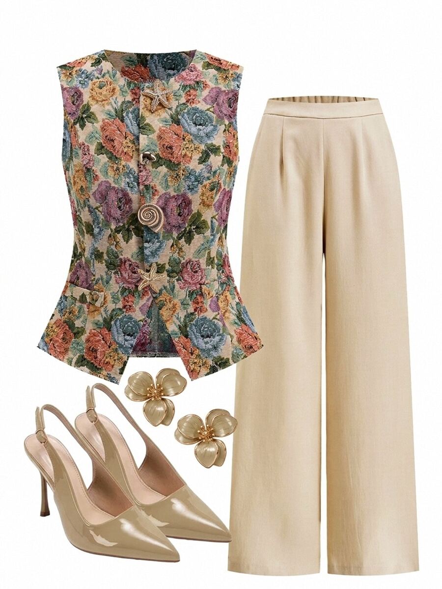 SHEIN Clasi Elegant Jacquard Star & Shell Asymmetrical Button Vest And Pants - Multicolor - View 1