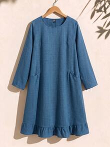 Rusticease 大尺碼女款素色圓領休閒日常秋季連身裙，適合約會之夜、辦公室、牛仔風，灰藍色 - 藏蓝色 - 查看 1