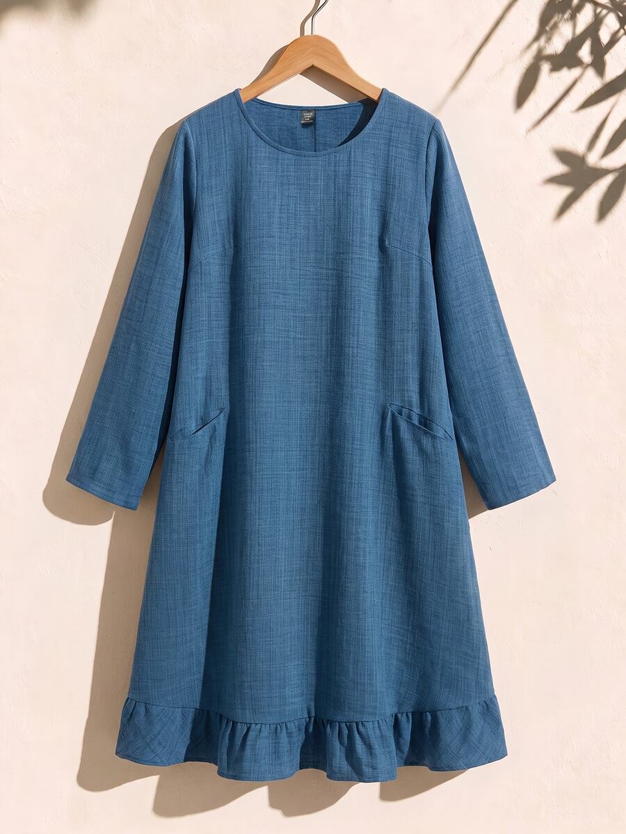 Rusticease 大尺碼女款素色圓領休閒日常秋季連身裙,適合約會之夜、辦公室、牛仔風,灰藍色 - 藏蓝色 - 查看 1