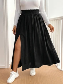 SHEIN Tall CURVE 大尺碼女款黑色高開衩傘裙，休閒極簡波希米亞風秋季款 - 黑色 - 查看 5