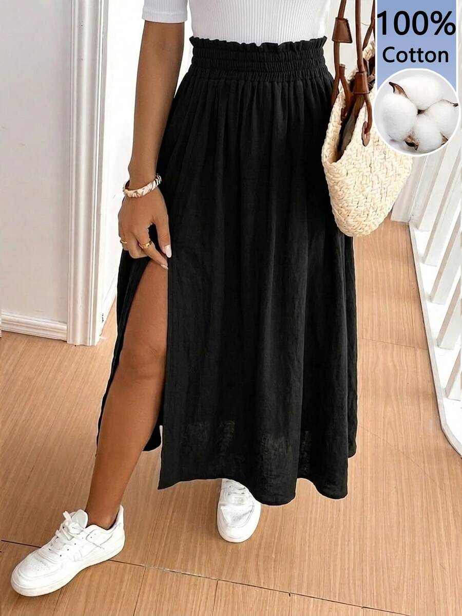 SHEIN Tall CURVE 大尺碼女款黑色高開衩傘裙,休閒極簡波希米亞風秋季款 - 黑色 - 查看 1