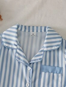 SHEIN 女童條紋印花對比滾邊睡衣套裝 - 淺藍色 - 查看 6