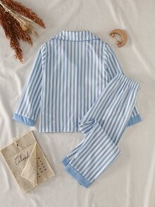 SHEIN 女童條紋印花對比滾邊睡衣套裝 - 淺藍色 - 查看 2