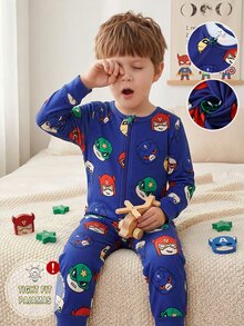 Young Boy Cartoon Figure Graphic Zip Front Pajama Jumpsuit - Multicolor - View 4