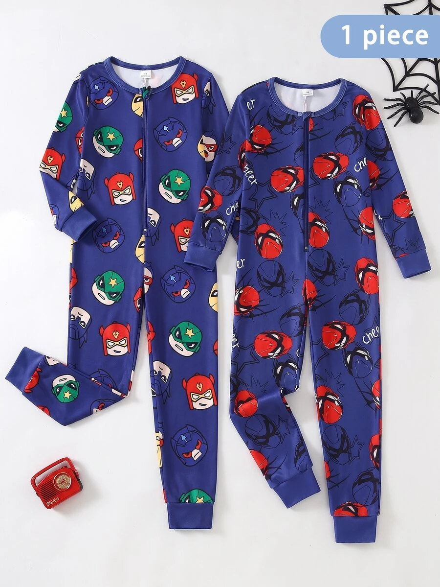 Young Boy Cartoon Figure Graphic Zip Front Pajama Jumpsuit - Multicolor - View 1