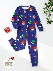 Young Boy Cartoon Figure Graphic Zip Front Pajama Jumpsuit - Multicolor - View 7