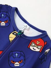 Young Boy Cartoon Figure Graphic Zip Front Pajama Jumpsuit - Multicolor - View 6