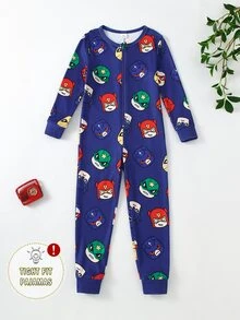 Young Boy Cartoon Figure Graphic Zip Front Pajama Jumpsuit - Multicolor - View 8