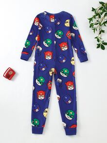 Young Boy Cartoon Figure Graphic Zip Front Pajama Jumpsuit - Multicolor - View 2