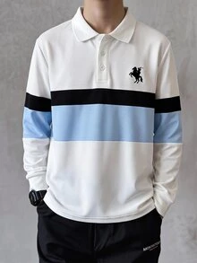 SHEIN 青少年男孩拼接長袖 Polo 衫，簡約時尚翻領白色襯衫，適合疊穿或外穿，適合日常穿著、度假、校園、季節過渡，春秋款 - 白色 - 查看 3