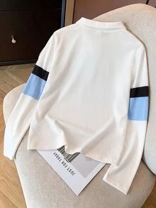 SHEIN 青少年男孩拼接長袖 Polo 衫，簡約時尚翻領白色襯衫，適合疊穿或外穿，適合日常穿著、度假、校園、季節過渡，春秋款 - 白色 - 查看 2