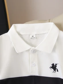 SHEIN 青少年男孩拼接長袖 Polo 衫，簡約時尚翻領白色襯衫，適合疊穿或外穿，適合日常穿著、度假、校園、季節過渡，春秋款 - 白色 - 查看 5