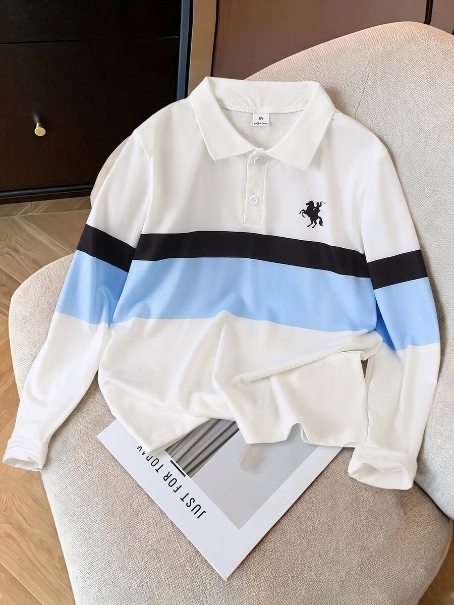 SHEIN 青少年男孩拼接長袖 Polo 衫,簡約時尚翻領白色襯衫,適合疊穿或外穿,適合日常穿著、度假、校園、季節過渡,春秋款 - 白色 - 查看 1