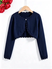 SHEIN Elladie kids Cardigan Kasual Serbaguna Warna Polos untuk Pemakaian Sehari-hari di Musim Gugur/Musim Dingin untuk Anak Perempuan Remaja - Navy Blue - View 3