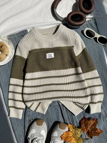 SHEIN Young Boys Sweaters Autumn/Winter Crew Neck Pullover Thick Knit Striped Top Wide Stripe Color Block Soft Knit Boys College Style Clothes Comfortable Thick Simple Versatile Fashion Suitable For Autumn/Winter Travel Outdoor Play Sports School Outings Gatherings - Multicolor - View 4
