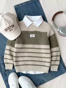 SHEIN Young Boys Sweaters Autumn/Winter Crew Neck Pullover Thick Knit Striped Top Wide Stripe Color Block Soft Knit Boys College Style Clothes Comfortable Thick Simple Versatile Fashion Suitable For Autumn/Winter Travel Outdoor Play Sports School Outings Gatherings - Multicolor - View 1