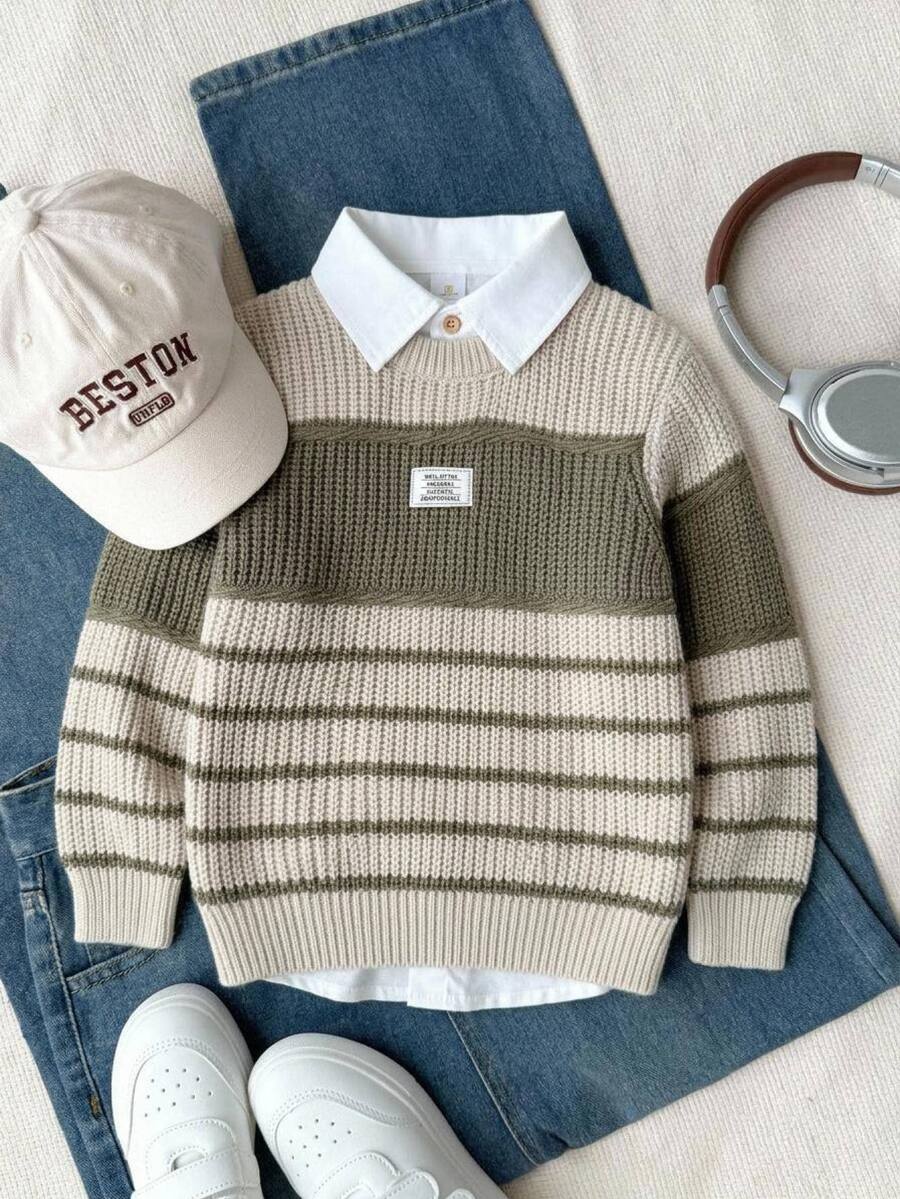 SHEIN Young Boys Sweaters Autumn/Winter Crew Neck Pullover Thick Knit Striped Top Wide Stripe Color Block Soft Knit Boys College Style Clothes Comfortable Thick Simple Versatile Fashion Suitable For Autumn/Winter Travel Outdoor Play Sports School Outings Gatherings - Multicolor - View 1