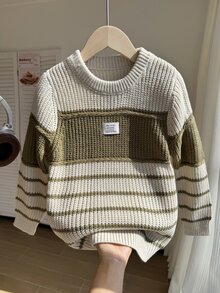 SHEIN Young Boys Sweaters Autumn/Winter Crew Neck Pullover Thick Knit Striped Top Wide Stripe Color Block Soft Knit Boys College Style Clothes Comfortable Thick Simple Versatile Fashion Suitable For Autumn/Winter Travel Outdoor Play Sports School Outings Gatherings - Multicolor - View 10