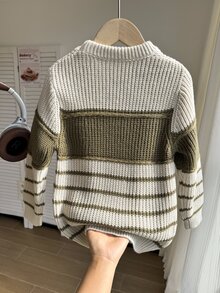 SHEIN Young Boys Sweaters Autumn/Winter Crew Neck Pullover Thick Knit Striped Top Wide Stripe Color Block Soft Knit Boys College Style Clothes Comfortable Thick Simple Versatile Fashion Suitable For Autumn/Winter Travel Outdoor Play Sports School Outings Gatherings - Multicolor - View 2