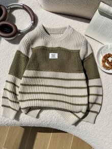 SHEIN Young Boys Sweaters Autumn/Winter Crew Neck Pullover Thick Knit Striped Top Wide Stripe Color Block Soft Knit Boys College Style Clothes Comfortable Thick Simple Versatile Fashion Suitable For Autumn/Winter Travel Outdoor Play Sports School Outings Gatherings - Multicolor - View 3
