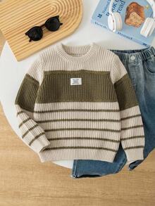 SHEIN Young Boys Sweaters Autumn/Winter Crew Neck Pullover Thick Knit Striped Top Wide Stripe Color Block Soft Knit Boys College Style Clothes Comfortable Thick Simple Versatile Fashion Suitable For Autumn/Winter Travel Outdoor Play Sports School Outings Gatherings - Multicolor - View 6