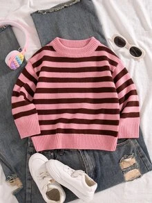 SHEIN Young Girl Autumn/Winter Casual Colorblock Striped Sweater - Pink - View 10