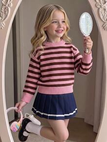 SHEIN Young Girl Autumn/Winter Casual Colorblock Striped Sweater - Pink - View 12