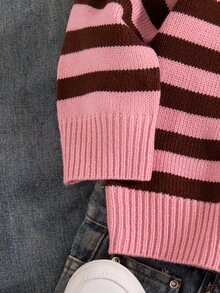 SHEIN Young Girl Autumn/Winter Casual Colorblock Striped Sweater - Pink - View 8