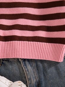 SHEIN Young Girl Autumn/Winter Casual Colorblock Striped Sweater - Pink - View 6