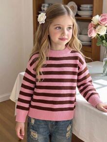 SHEIN Young Girl Autumn/Winter Casual Colorblock Striped Sweater - Pink - View 9