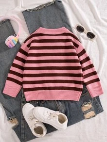 SHEIN Young Girl Autumn/Winter Casual Colorblock Striped Sweater - Pink - View 2