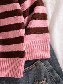 SHEIN Young Girl Autumn/Winter Casual Colorblock Striped Sweater - Pink - View 7