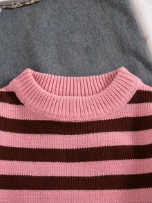 SHEIN Young Girl Autumn/Winter Casual Colorblock Striped Sweater - Pink - View 4