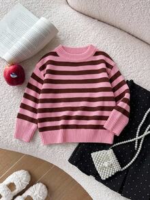 SHEIN Young Girl Autumn/Winter Casual Colorblock Striped Sweater - Pink - View 11