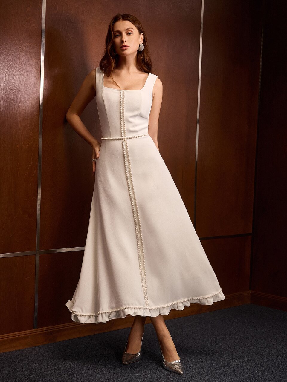 MOTF ELEGANT PEARL TRIM LONG VEST DRESS