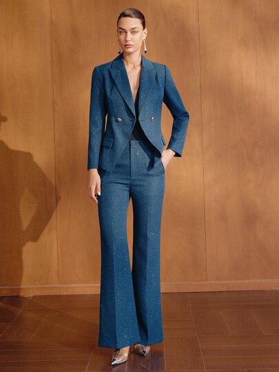 MOTF PREMIUM Blazer elegante de mujer azul oscuro grueso con diseño diagonal para ir al trabajo