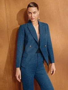 MOTF PREMIUM WOMEN'S DARK BLUE THICK DIAGONAL ELEGANT COMMUTER BLAZER - Blue - View 6