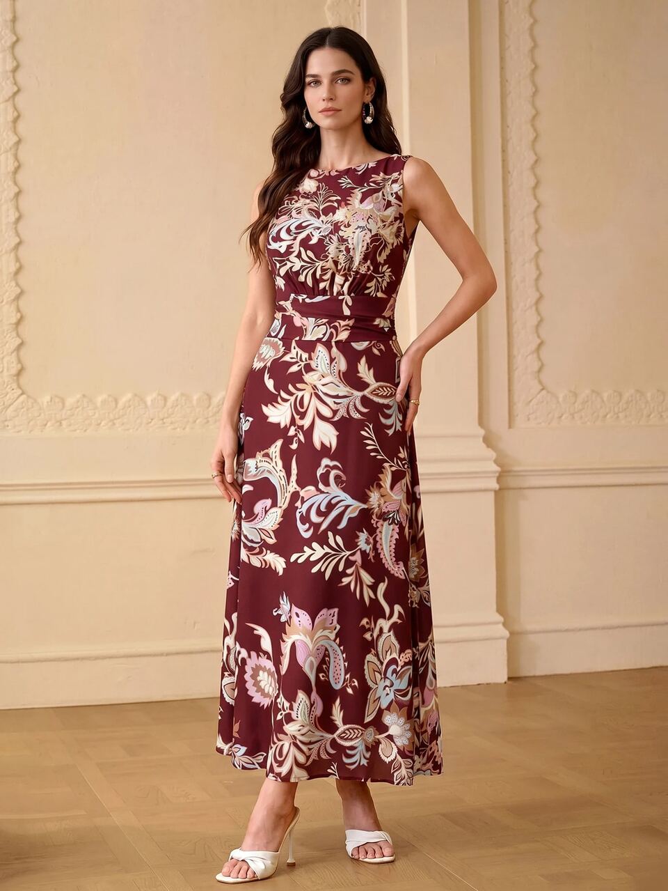 ZEYLAH Women's Autumn/Winter Printed Tassel Patchwork Waist-Cinching Long Dress