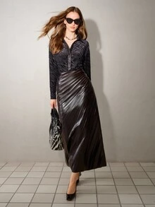 MOTF PREMIUM SOLID PU LEATHER PLEATED SKIRT - Coffee Brown - View 2