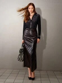 MOTF PREMIUM SOLID PU LEATHER PLEATED SKIRT - Coffee Brown - View 4