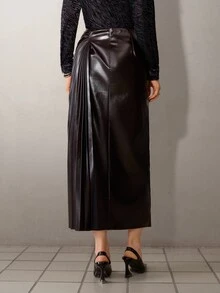 MOTF PREMIUM SOLID PU LEATHER PLEATED SKIRT - Coffee Brown - View 3