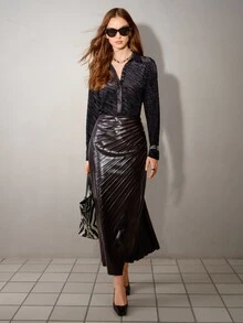 MOTF PREMIUM SOLID PU LEATHER PLEATED SKIRT - Coffee Brown - View 6