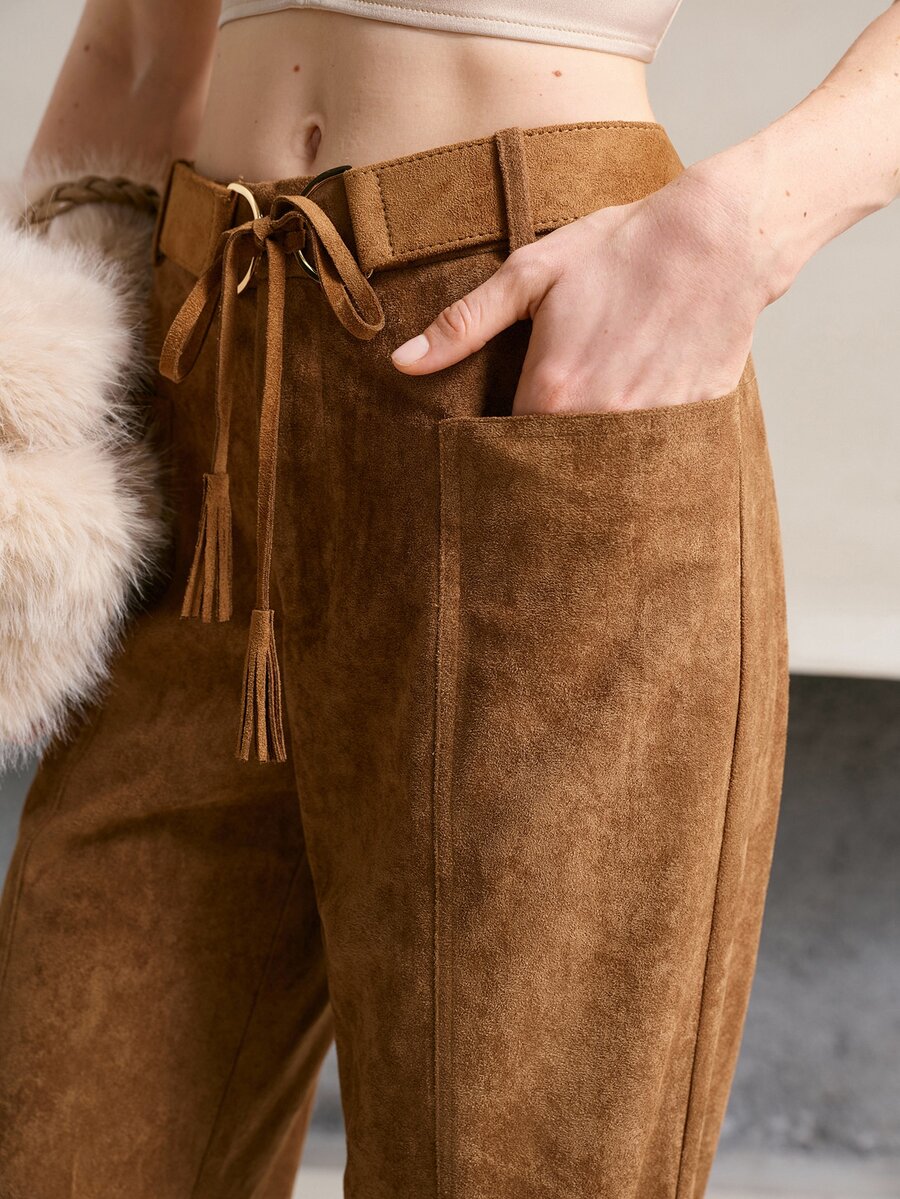 MOTF PREMIUM WOMEN'S SLIM FIT TASSEL TIE FLARE PANTS, AUTUMN/WINTER - Brown - View 1