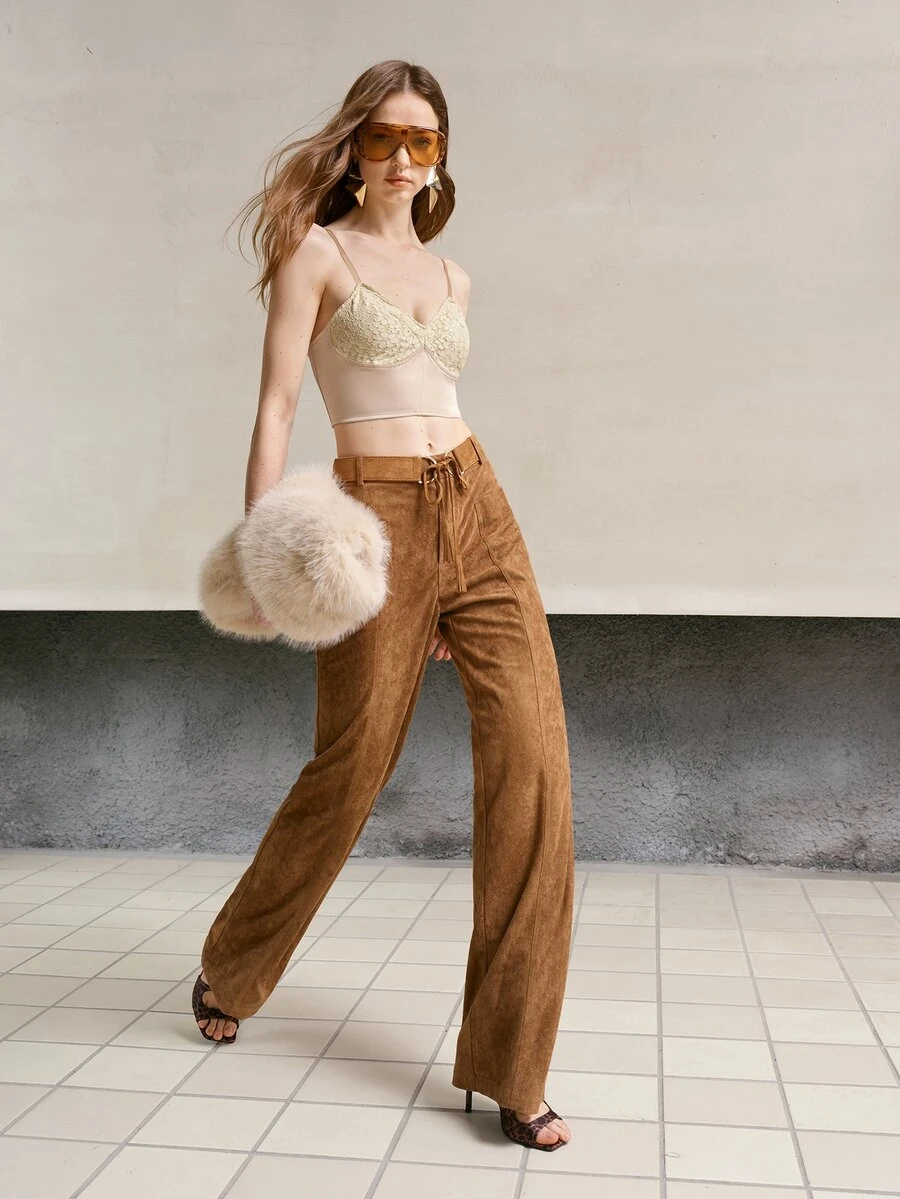 MOTF PREMIUM WOMEN'S SLIM FIT TASSEL TIE FLARE PANTS, AUTUMN/WINTER - Brown - View 2