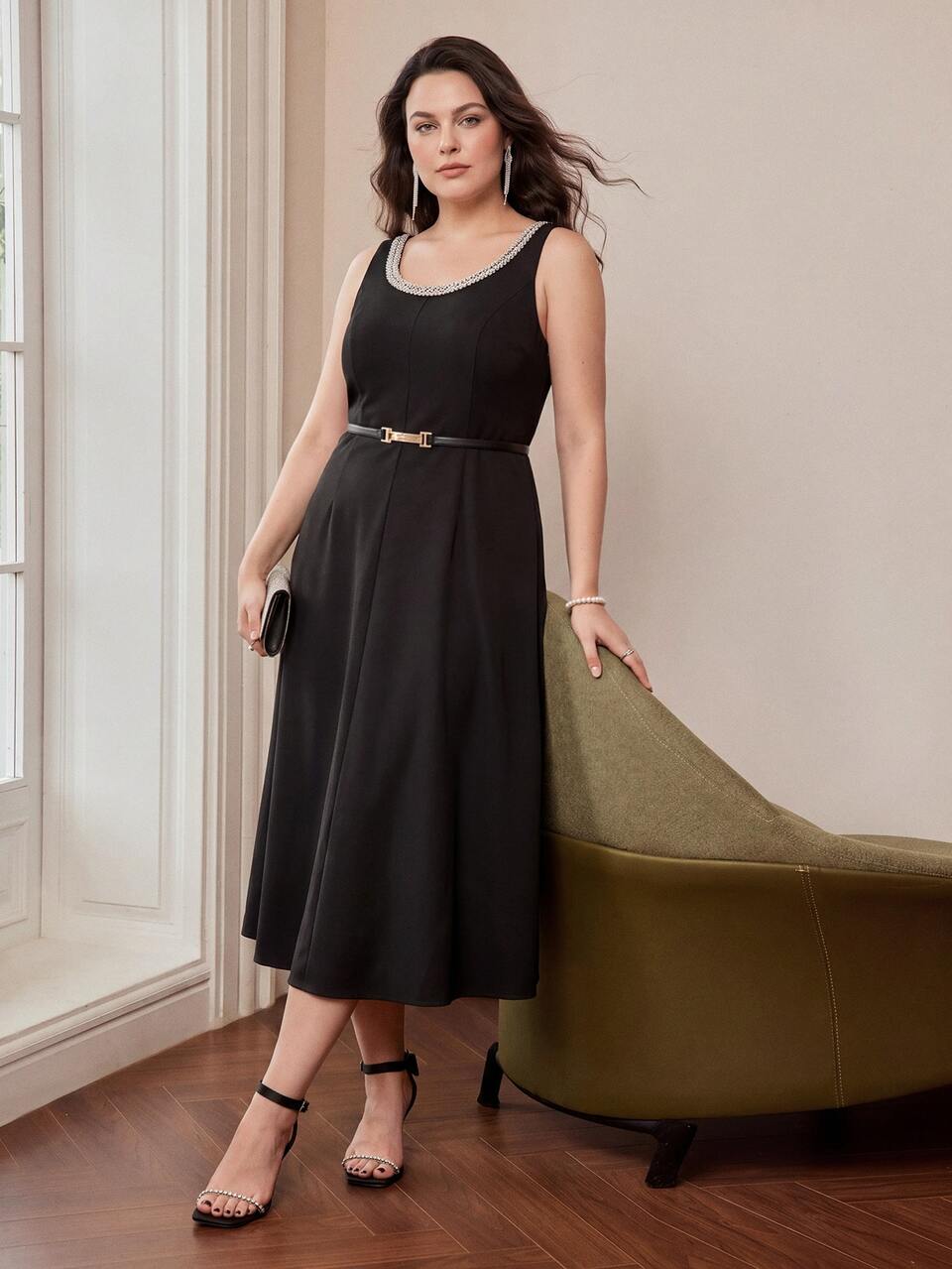 MOTF PLUS SIZE WOMEN'S ROUND NECK WAIST-CINCHING A-LINE DRESS WITH BEADED DECORATION