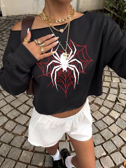 Muchica Spider Print Drop Shoulder Sweatshirt