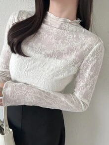 FRIFUL 女款波浪荷葉邊白色花卉鬆身對比色邊短袖T恤，夏季休閒優雅浪漫上衣，適合派對約會之夜，可愛風格 - 米色 - 查看 8