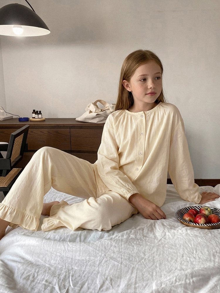 DAZY Tween Girl Fall Clothes Girls (Large) Round Neck Knitted Printed Short Sleeve T-Shirt + Plaid Pajama Pants Loungewear Set - Apricot - View 3